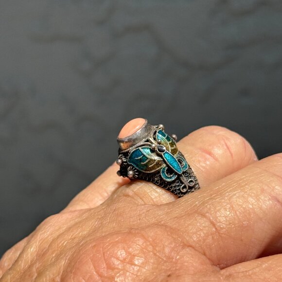 Vintage Sterling Silver Chinese Export Coral Cloisonné Ring 9 - Picture 3 of 10